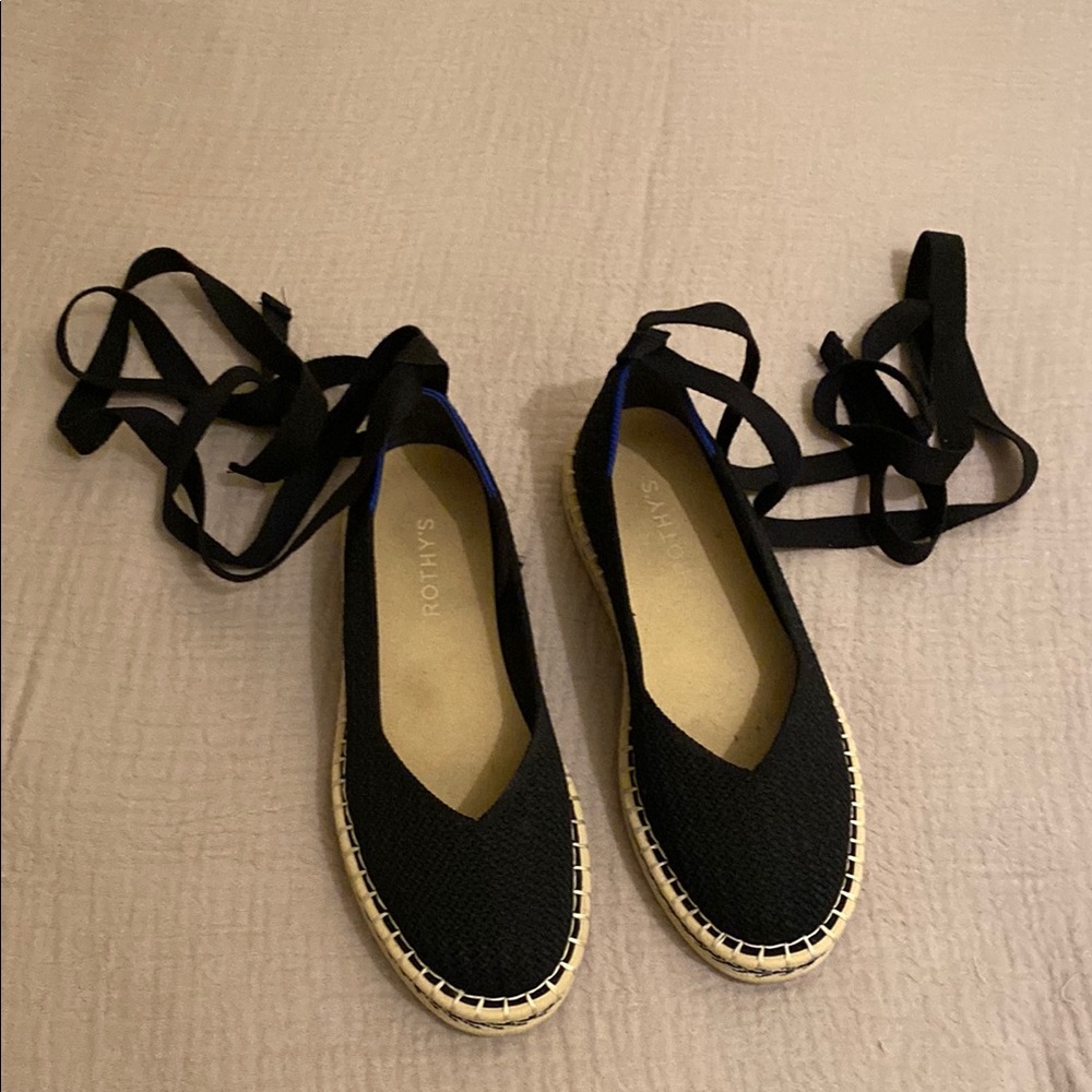 Rothy's Black Espadrille Lace-Up Flats with Natural Jute Trim. Size 7.5 - Picture 3 of 7